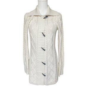 L.L Bean Cable Knit Wool Sweater Size S Ivory Shawl Collar Coastal  Fisherman